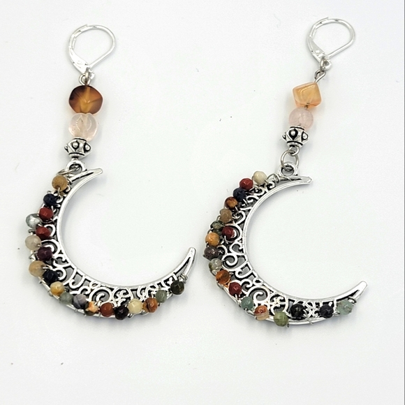 Handcrafted Silver Crescent Moon Earrings With Gemstones - Picture 3 of 4